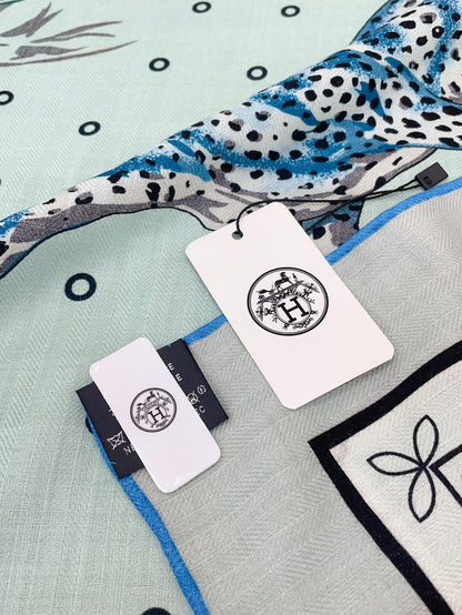 Guepards Bandana Double Face Scarf 140 CM In Light Turquoise Colorful Cashmere And Silk 334191