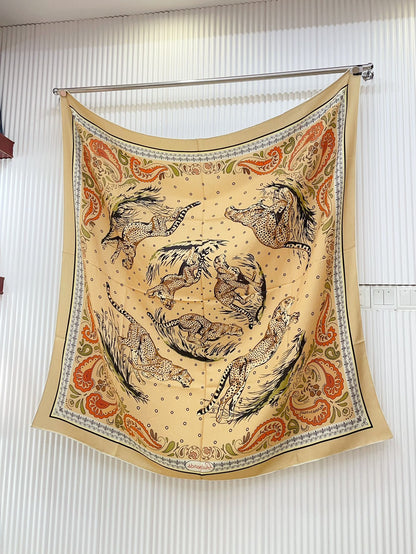 Guepards Bandana Double Face Scarf 140 CM In White Mix Beige Colorful Cashmere And Silk 334192