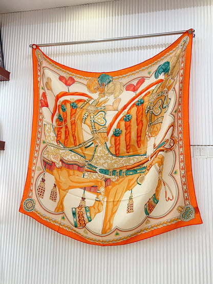 Carré Harnais De Cœur Scarf 140 CM In Orange Colorful Cashmere And Silk 335856