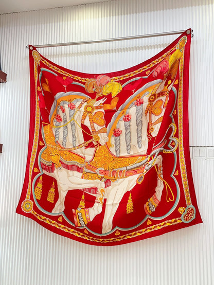 Carré Harnais De Cœur Scarf 140 CM In Red Colorful Cashmere And Silk 335858