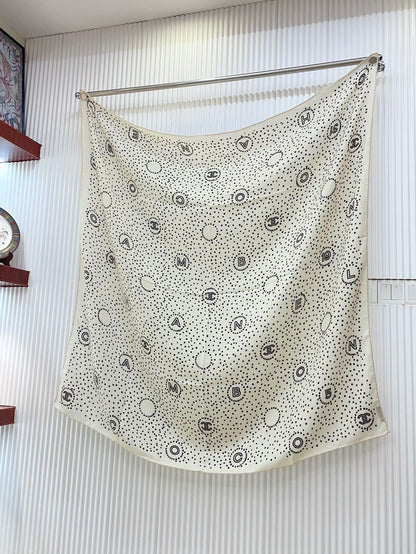 CC Square Scarf 140 CM In White Black Polka Dot Cashmere Silk 337146