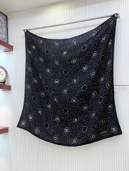 CC Square Scarf 140 CM In Black White Polka Dot Cashmere Silk 337147