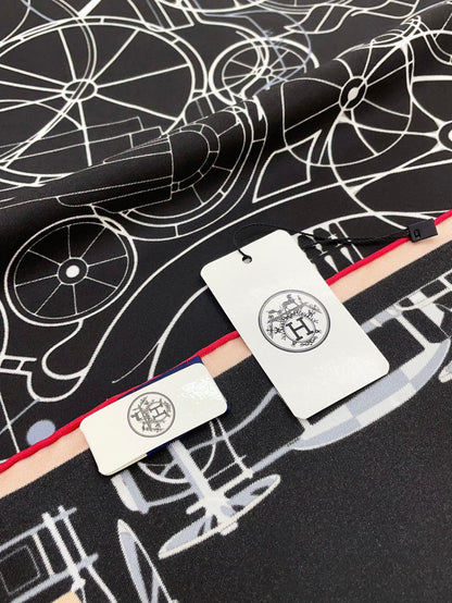 Complication Equestre Scarf 90 CM In Black Mix White Orange Silk Twill 345896
