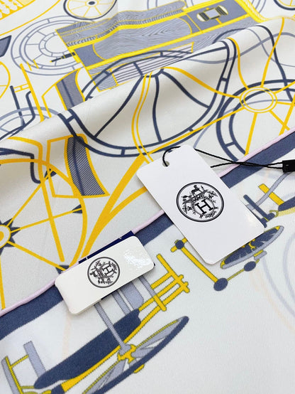 Complication Equestre Scarf 90 CM In White Yellow Coloful Silk Twill  345898