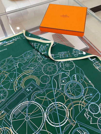 Complication Equestre Scarf 90 CM In Green Coloful Silk Twill  345899