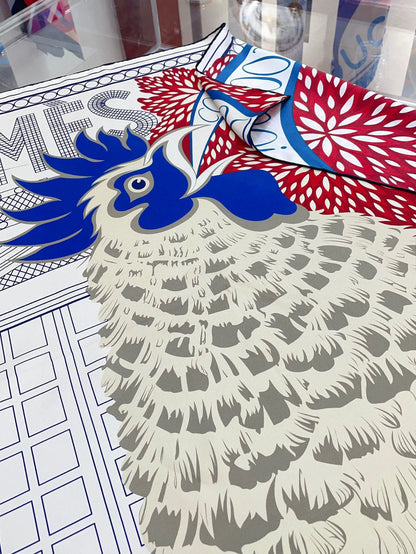 Cocoricooooo! Scarf 90 CM In Red Blue Colorful Silk Twill 348776