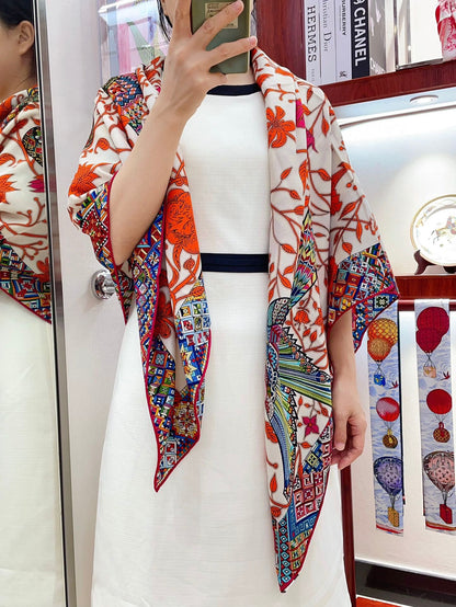 Le Jaguar Et Le Colibri Shawl 135 CM Red Colorful Cashmere And Silk  357904