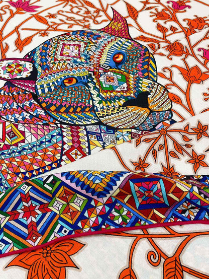 Le Jaguar Et Le Colibri Shawl 135 CM Red Colorful Cashmere And Silk  357904