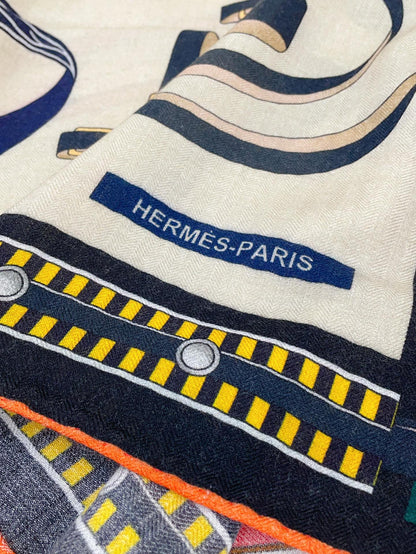 HM Lettres Equestre Scarf 140 CM In White Colorful Cashmere And Silk 359399