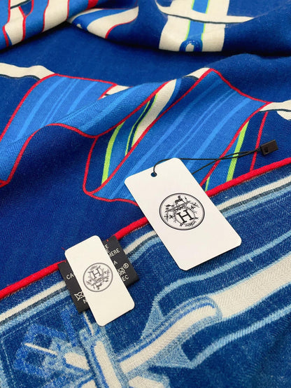 Les Sangles En Finesse Rectangle Scarf 180 CM In Dark Blue Colorful Cashmere And Silk  373657