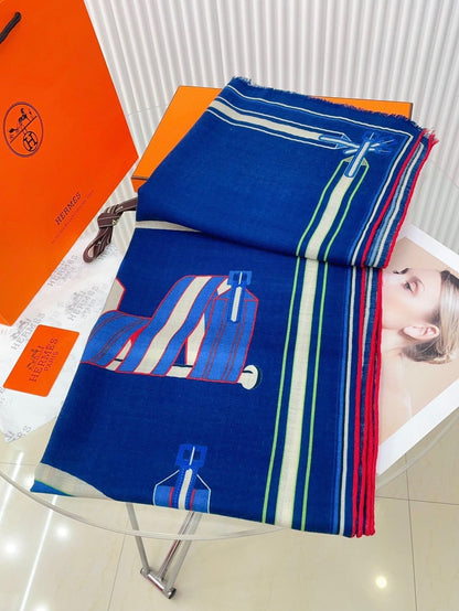 Les Sangles En Finesse Rectangle Scarf 180 CM In Dark Blue Colorful Cashmere And Silk  373657