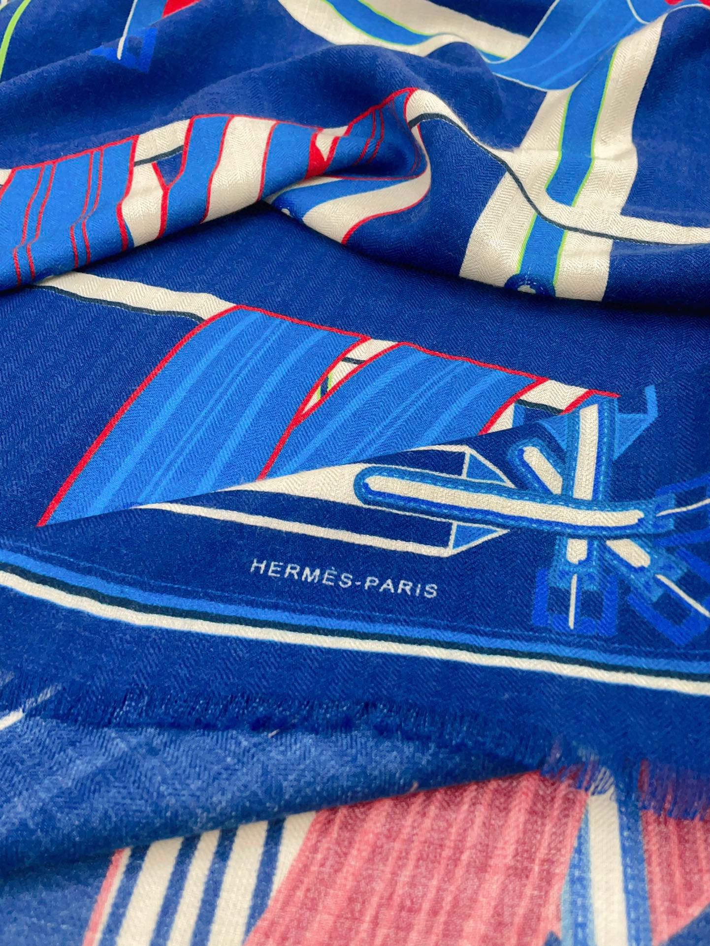 Les Sangles En Finesse Rectangle Scarf 180 CM In Dark Blue Colorful Cashmere And Silk  373657