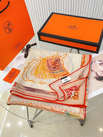 Chevaloscope Scarf 140 CM In Yellow Orange Colorful Cashmere And Silk 373659