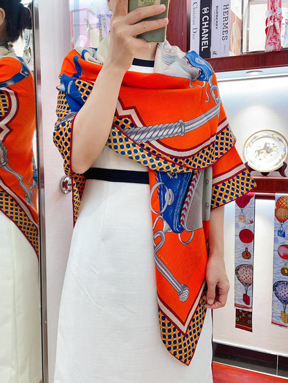 Silk Carrick a Pompe Scarf 140 CM In Orange Colorful Cashmere And Silk 381157