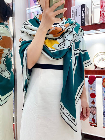 Choregraphie Equestre Pareo Scarf 140 CM Teal Blue Colorful Cashmere And Silk 393171