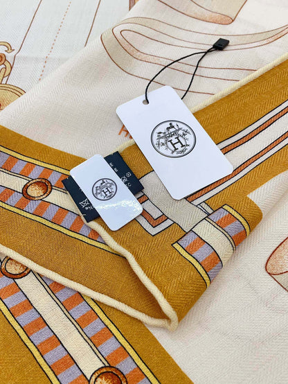 Lettres Equestres Shawl 140 CM White Colorful Cashmere And Silk 398259