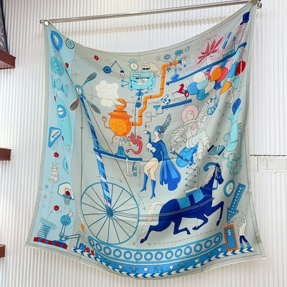 Tea For Two Scarf 140 CM Light Blue Colorful Cashmere And Silk 403890