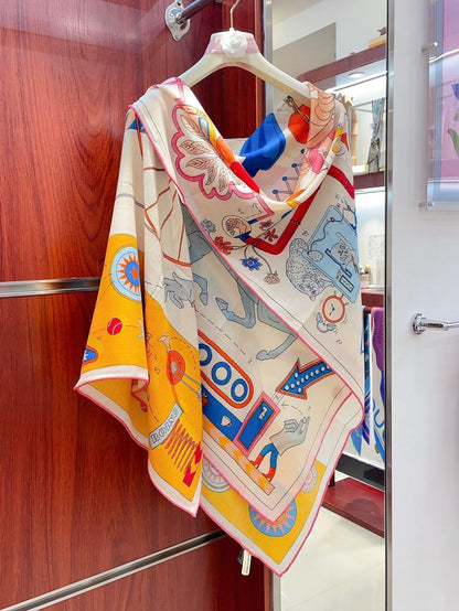 Tea For Two Scarf 140 CM Yellow Colorful Cashmere And Silk 403891