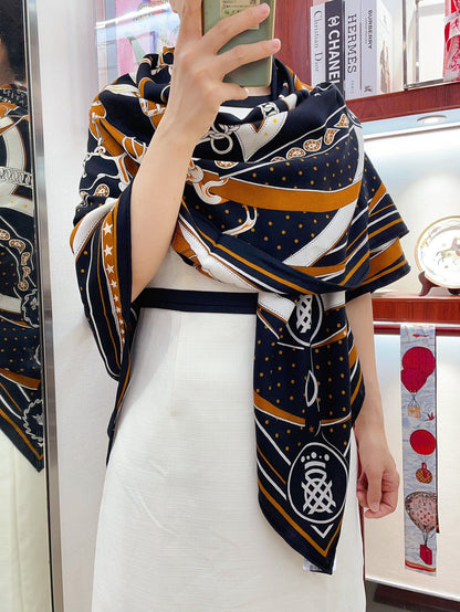 Square Scarf 140CM Black Mix Orange White Cashmere And Silk