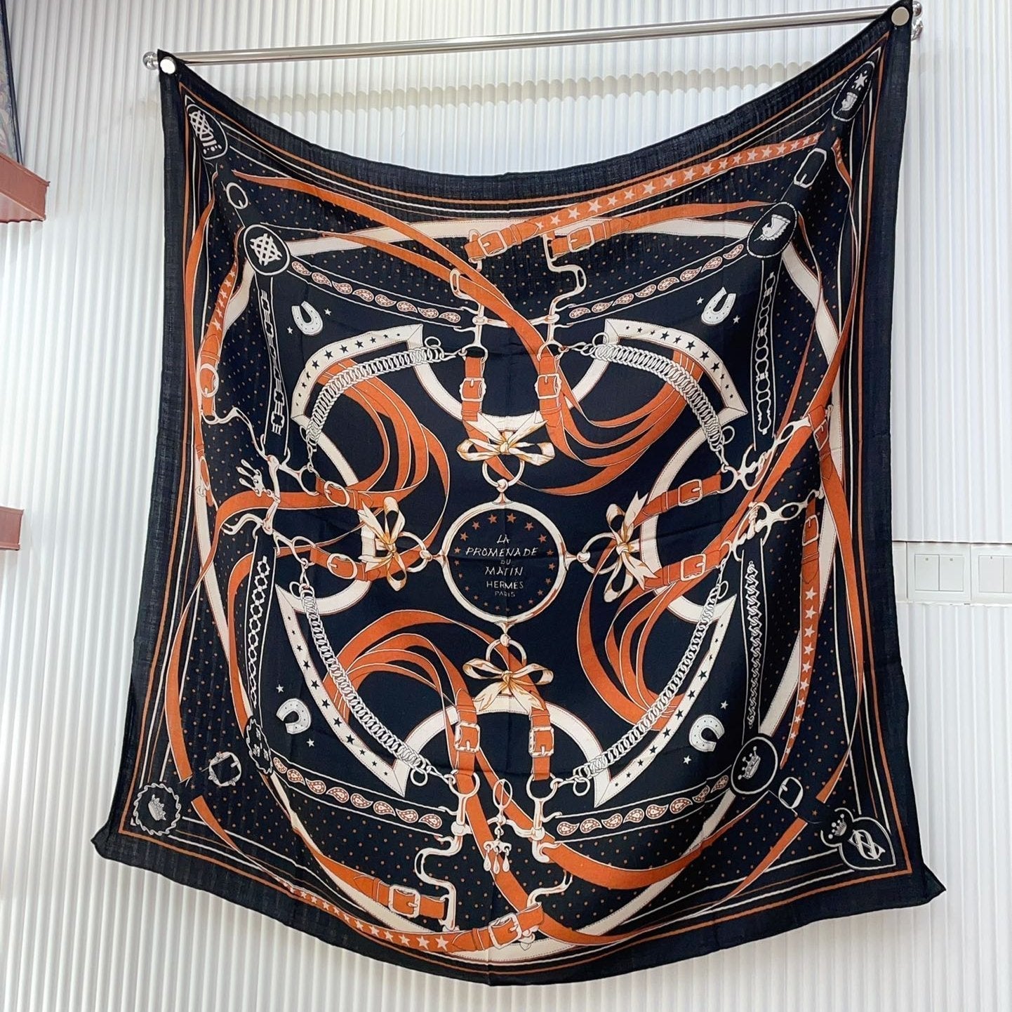 Square Scarf 140CM Black Mix Orange White Cashmere And Silk