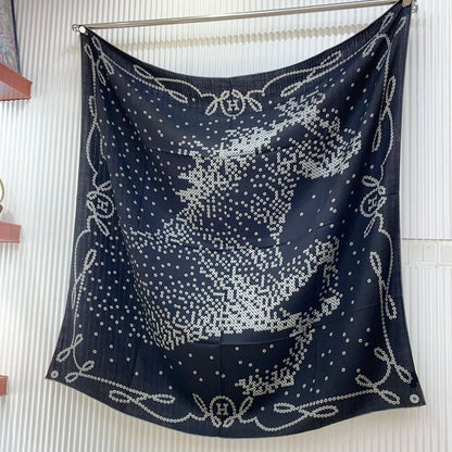 Cheval De Legende Scarf 140 CM Charcoal Blue Pattern Cashmere And Silk