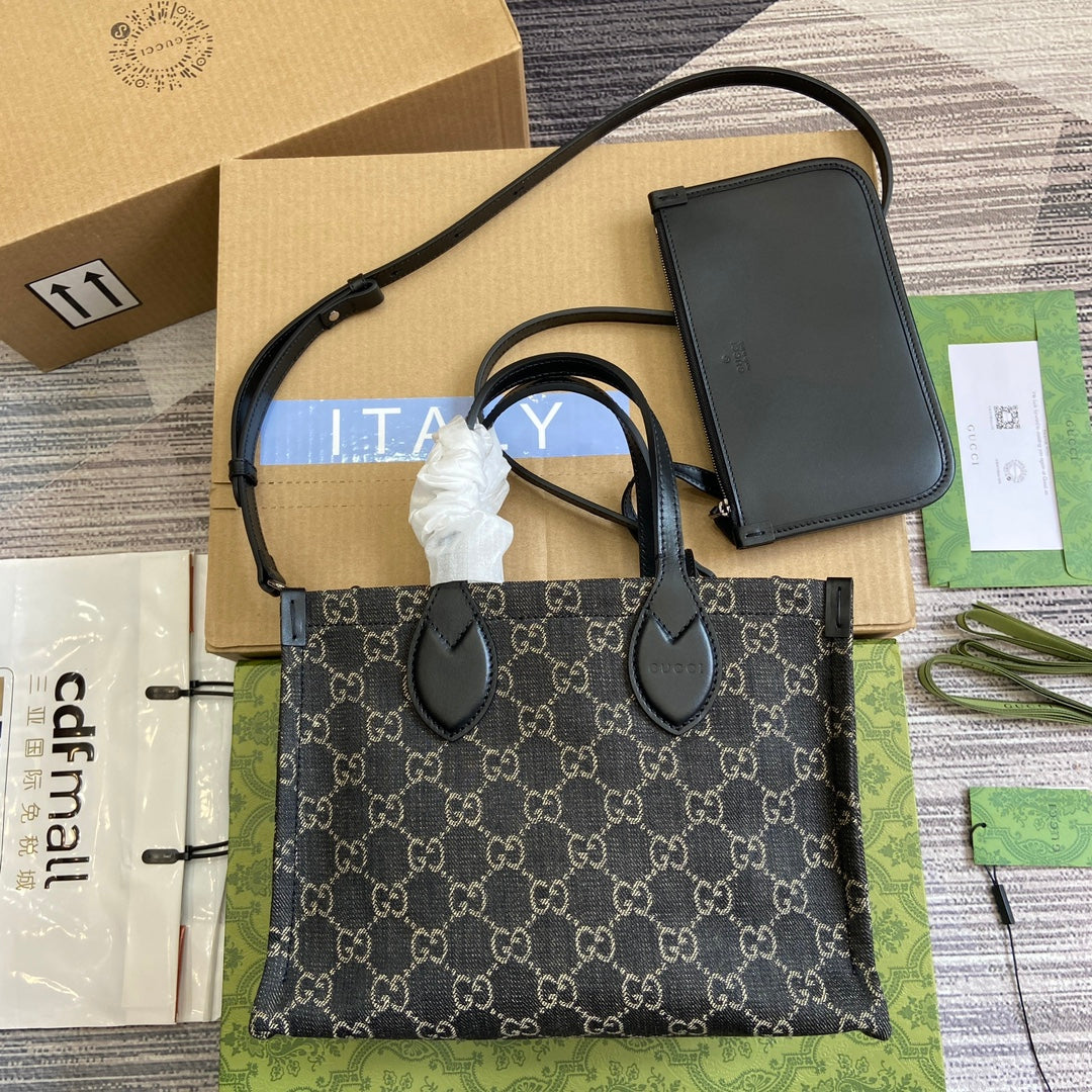 OPHIDIA GG 27 MEDIUM TOTE BAG BLACK DENIM