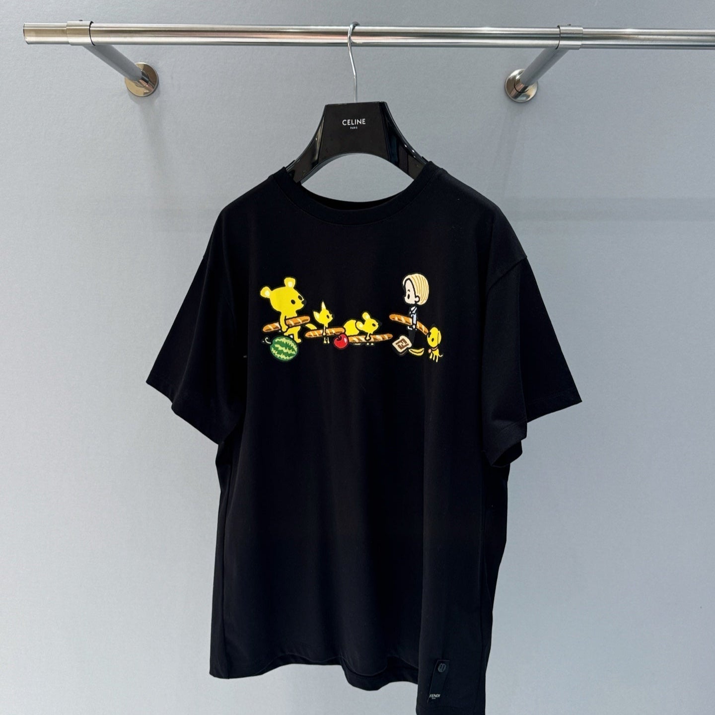 Fendi 25 Baguette Print Round Neck Short Sleeves Black Cotton