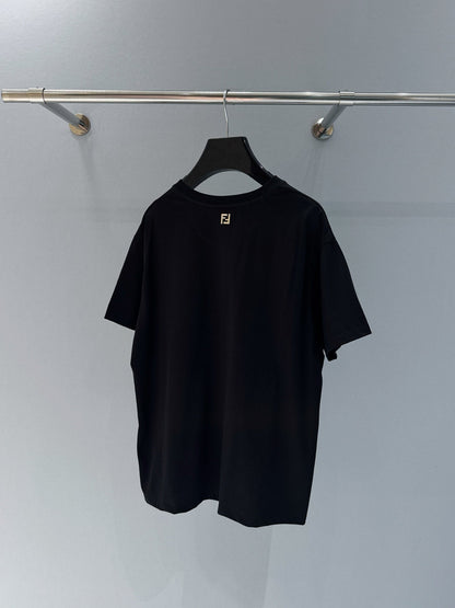Fendi 25 Baguette Print Round Neck Short Sleeves Black Cotton