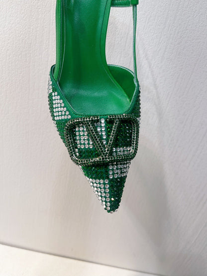 VT High Heeled Slingbacks Green Sheepskin 292818