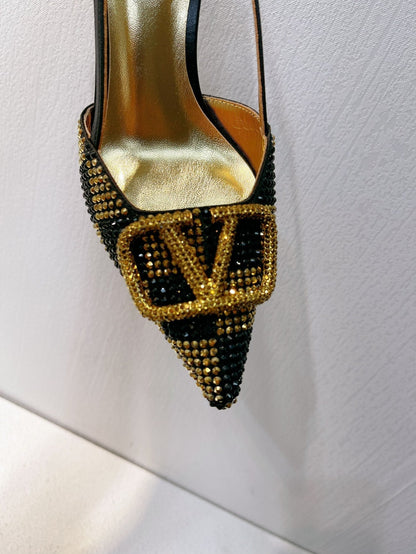 VT High Heeled Slingbacks  Black Gold Sheepskin 292827