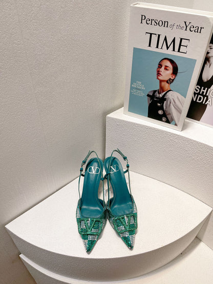 VT High Heeled Slingbacks  Emerald Green Sheepskin 292829