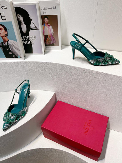VT High Heeled Slingbacks  Emerald Green Sheepskin 292829