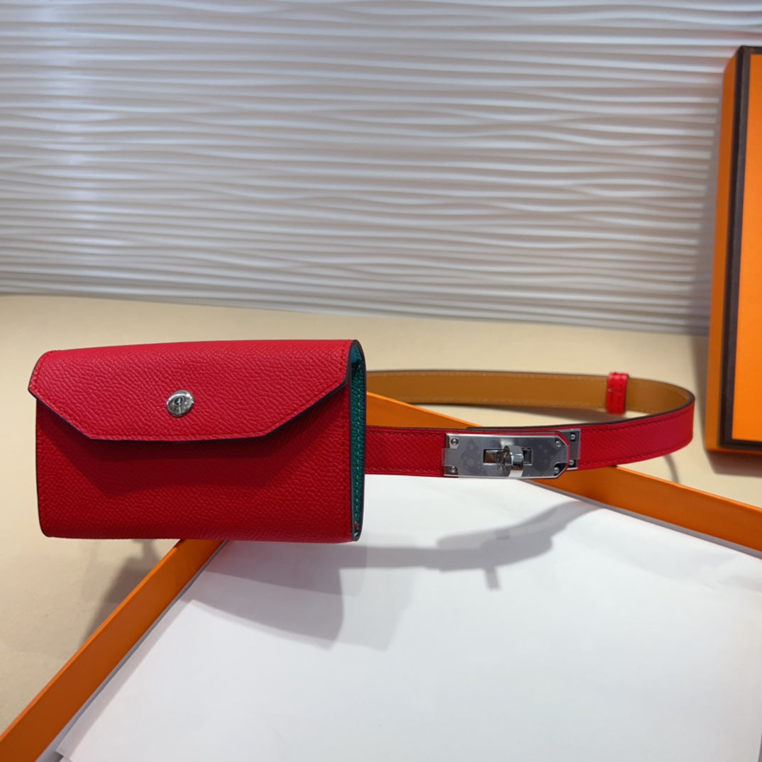HM KELLY CHERRY RED POCKET 18MM BELT LEATHER SILVER HARDWARE