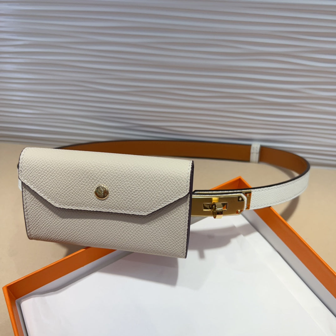 HM KELLY POCKET 18MM BELT WHITE LEATHER GOLD HARDWARE