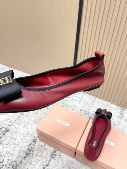 Miu Pointed-Toe Ballet Flats Dark Red Sheepskin 591564