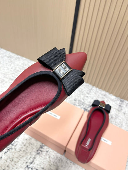 Miu Pointed-Toe Ballet Flats Dark Red Sheepskin 591564