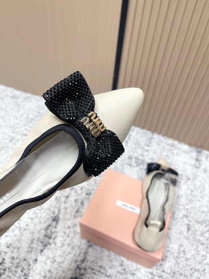 Miu Pointed-Toe Ballet Flats Ivory Sheepskin 591568