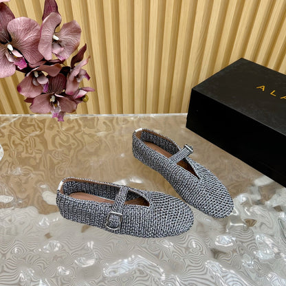 Alaia Ballet Flats In Dark Grey Stretch Woven Sedge 102278