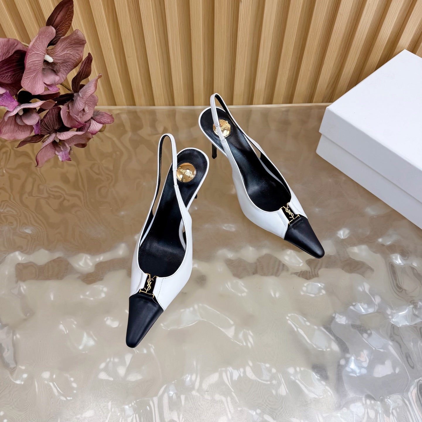YSL 2026 Babylone Breteuil 75mm Slingback White Black Cowhide 637056