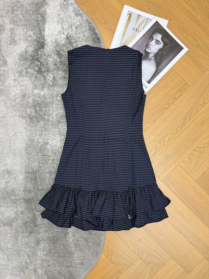 Miumiu 2026 Plaid Sleeveless Dress Navy Blue Cotton