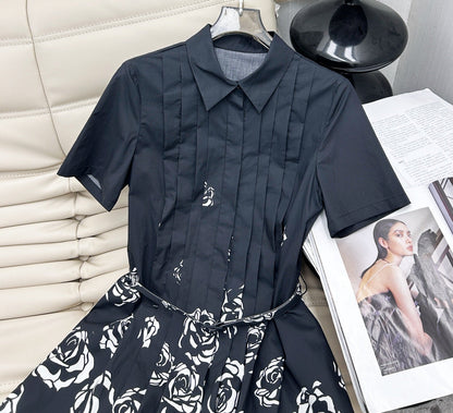 CD 2025 Floral Short-sleeved Belt Shirt Dress Black mix White Cotton
