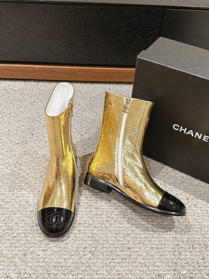 CC Short Boot Gold Metalic Lambskin Black Patent Calfskin