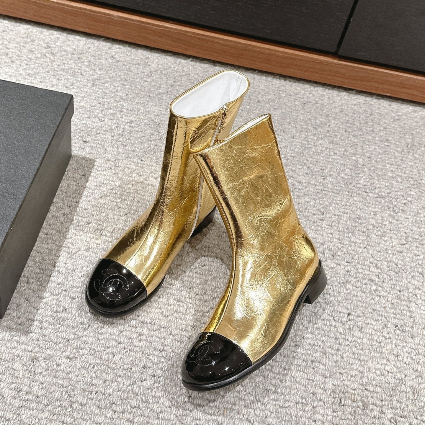 CC Short Boot Gold Metalic Lambskin Black Patent Calfskin