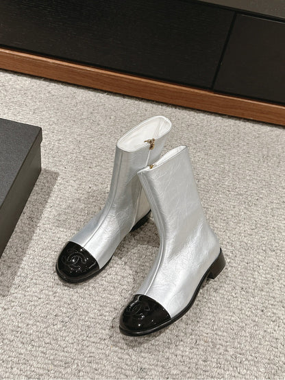 CC Short Boot Silver Metalic Lambskin Black Patent Calfskin