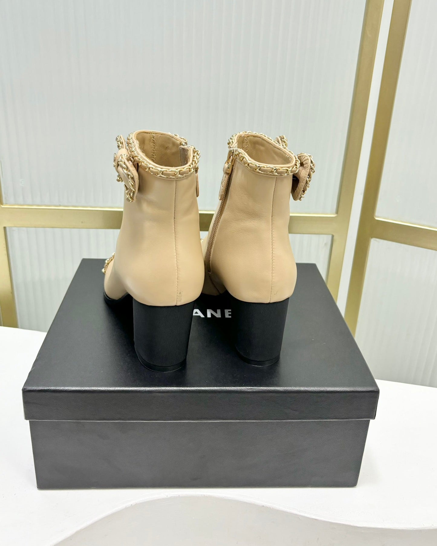 CC Ankle Boot 65 Beige Calfkin Black Grosgrain Leather Strap