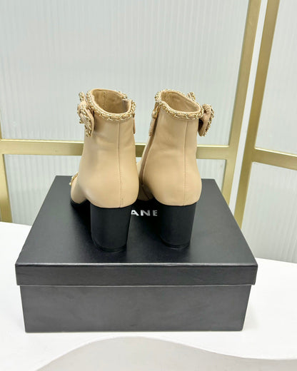 CC Ankle Boot 65 Beige Calfkin Black Grosgrain Leather Strap
