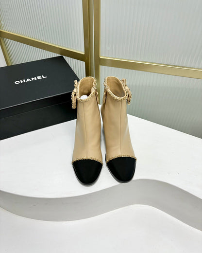 CC Ankle Boot 65 Beige Calfkin Black Grosgrain Leather Strap