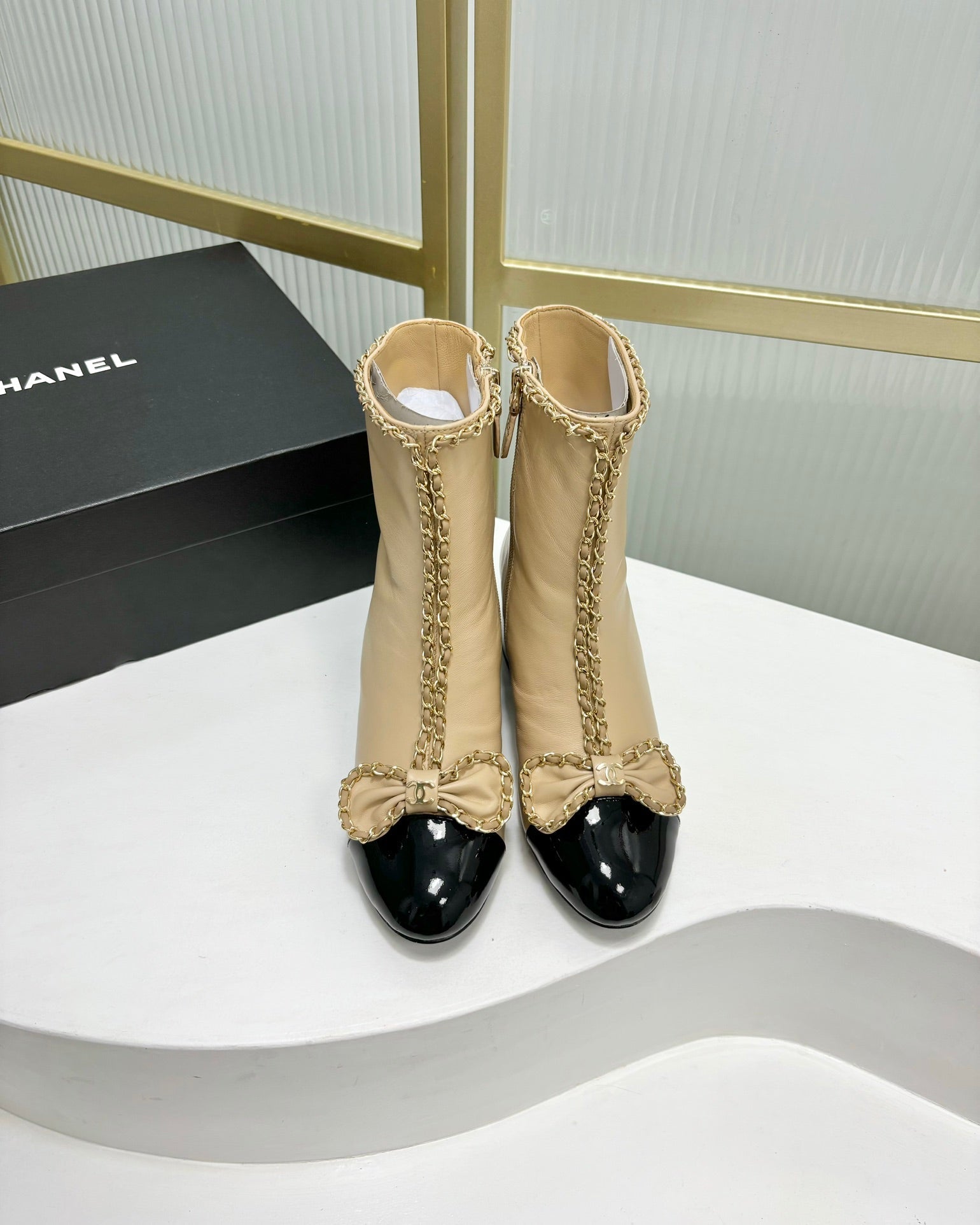 CC Ankle Boot 65 Beige Calfskin Black Patent Calfksin Leather Strap