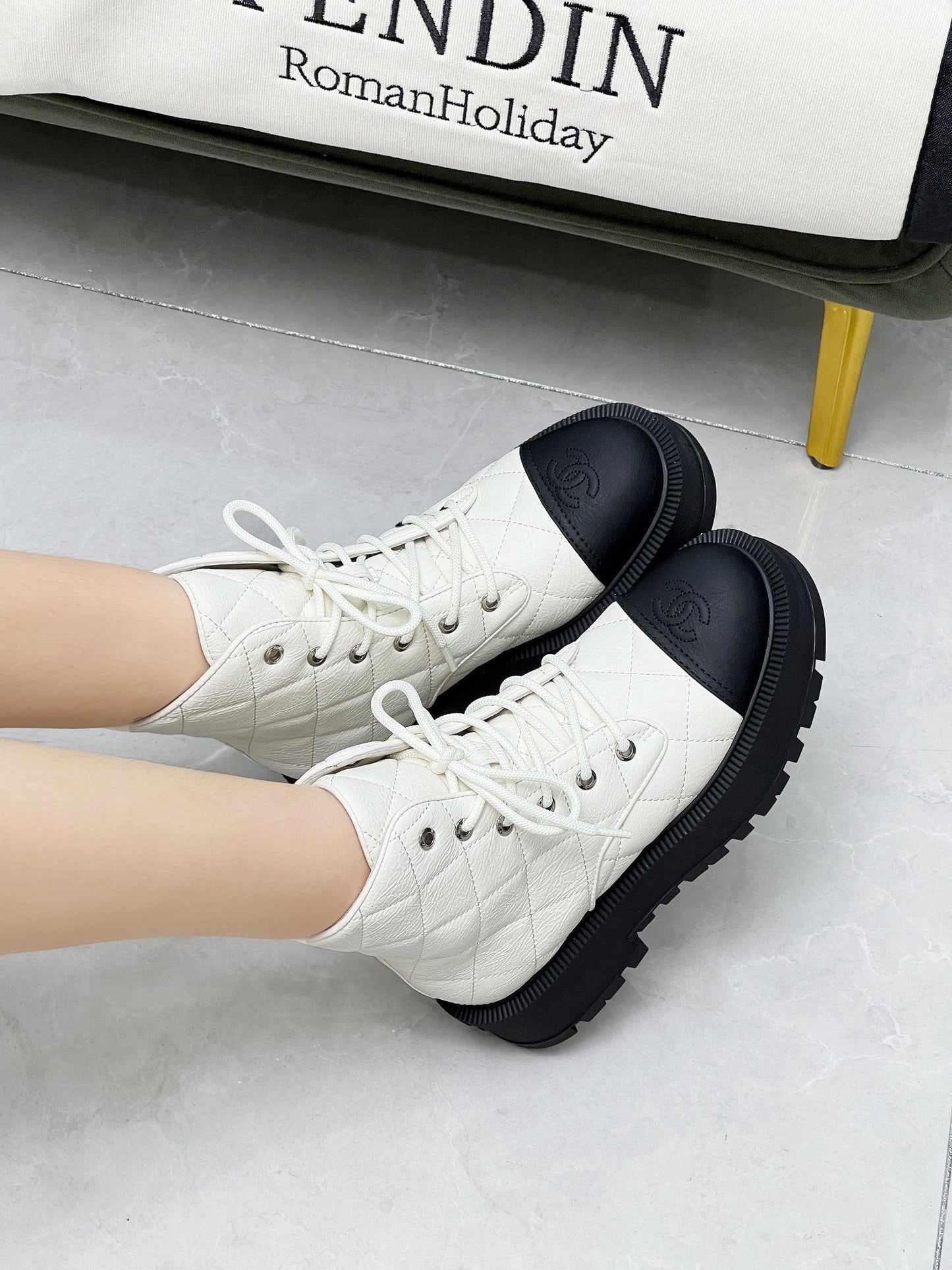 CC Combat Boots In White Mix Black Quilted Lambskin  944577