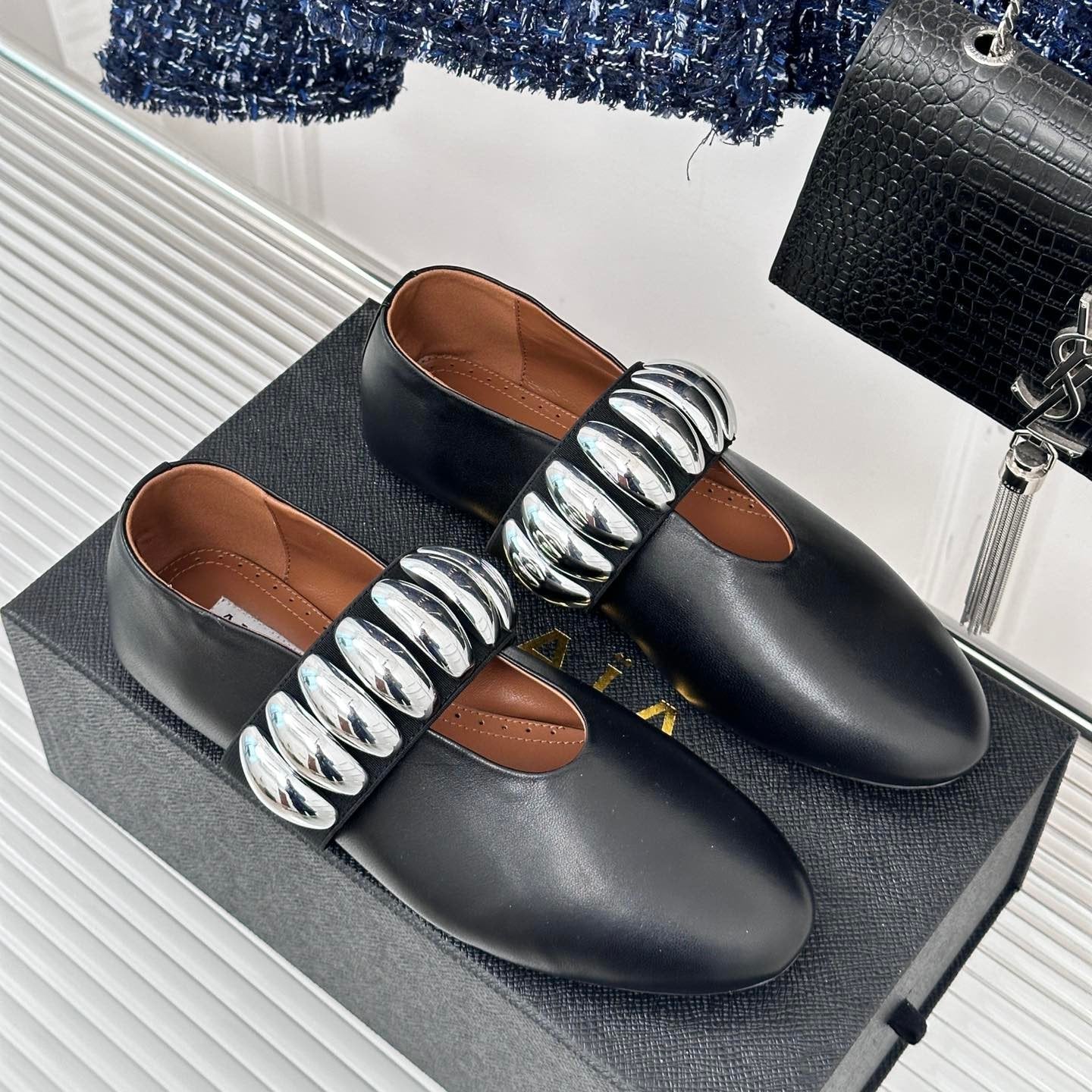 ballet flat silver jewel black lambskin